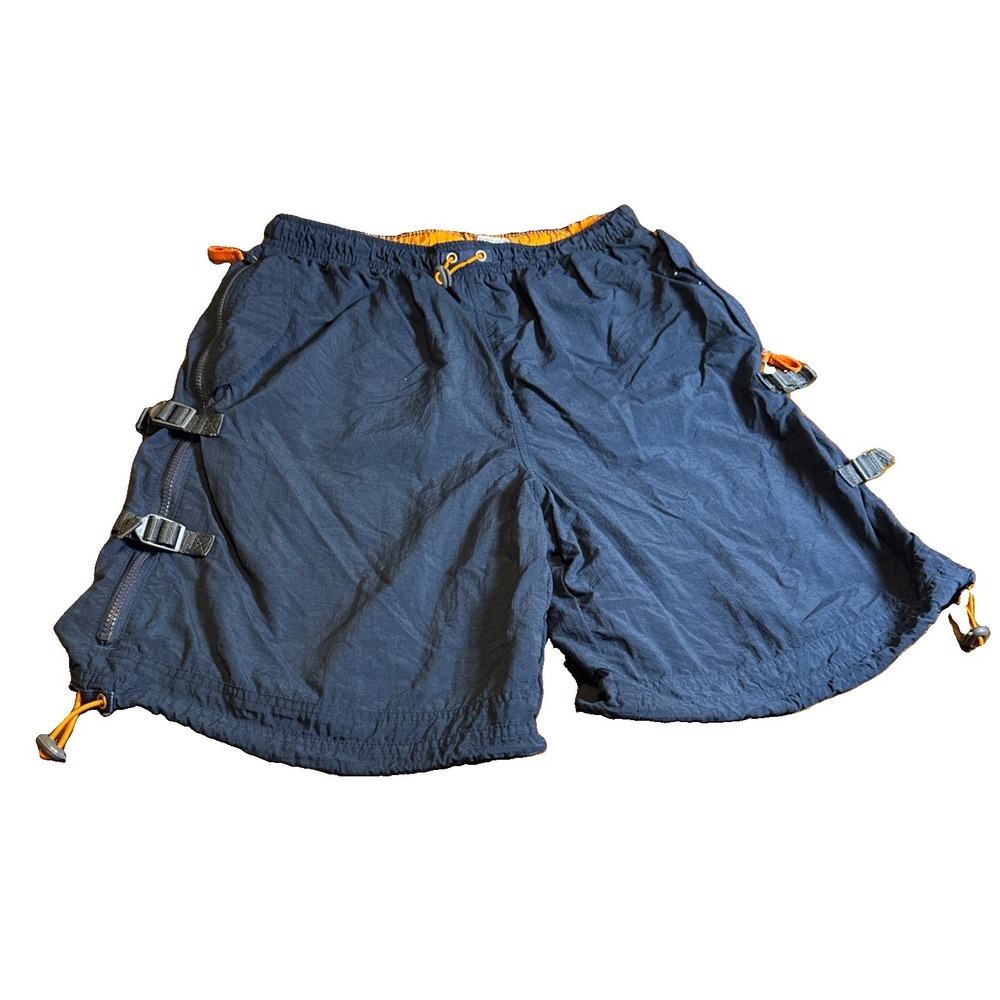 VTG Athletic Works Cargo Shorts Mens L Navy Orange Nylon Bungee Zip Pockets
